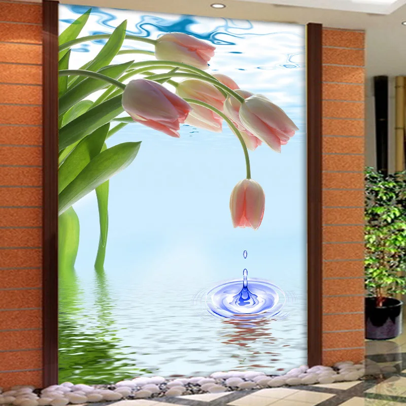 

Custom 3D Living Room Entrance Corridor Backdrop Wall Mural Tulips Water Drops Photo Wallpaper Scenery For Walls Wallcoverings