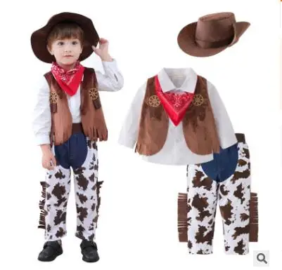 Детский ковбойский костюм ковбойский комплект одежды с длинными рукавами в западном стиле, шляпа+ рубашка+ жилет+ штаны Одежда для Хэллоуина на день рождения