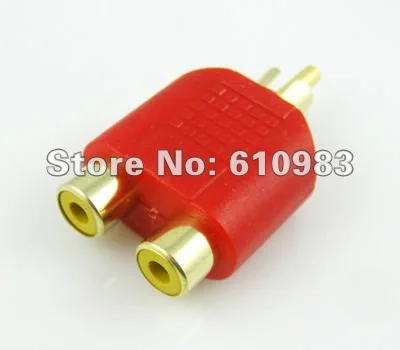 

Free shipping (5pieces\lot) wholesale Red color RCA plug to 2 RCA Jack/RCA female goldplated 3 way connector adapter