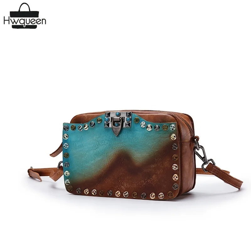 

Luxury Studs Designer Genuine Cow Leather Ladies Small Flap Bag Purse Women's Evening Bag Messenger Bag Female Rivets Clutch