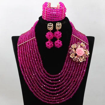 

Popular Fushia Pink African Party Beads Set Jewelry Nigerian Bridesmaid Costume Wedding Gift Necklace Set Free Shipping QW204