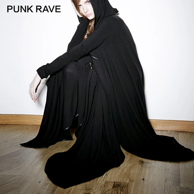 Панк рейв стимпанк темное таинственное платье ведьмы с неровным готический черный длинный стрейч-толстовки с капюшоном Свободное пальто толстовки