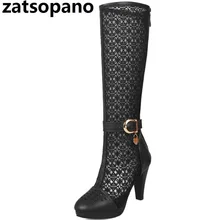 Размеры 31-43, новые модные женские сапоги до колена пикантные сапоги из сетчатого материала на квадратном каблуке с молнией летняя легкая обувь дышащая женская обувь