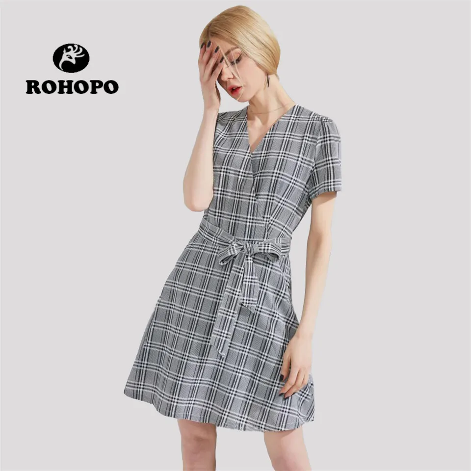 

ROHOPO Female Dress Plaid Short Sleeve Casual Spring Autumn Dress Women V-neck Slim Summer Breathable Preppy Sashes Dress shirt