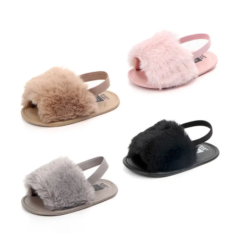 Baby Girl Soft Sole Crib Shoes Fluffy Fur Slipper Sandals Newborn Infant Toddler
