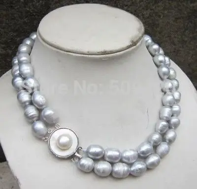 

~~ W&O667 >>Mabe Pearl Clasp 2Rows AAA++ 11-13mm Akoya gray silver Pearl baroque Necklace