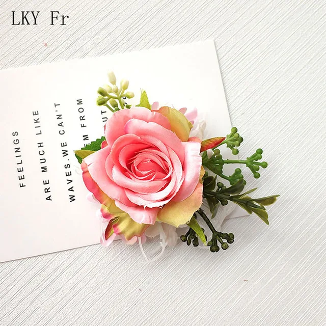 LKY Fr Boutonniere Flowers Corsage Pin Boutonniere Buttonhole Men Wedding Bracelet Bridesmaid Wedding Buttonhole Witness Corsage Pink Bracelet
