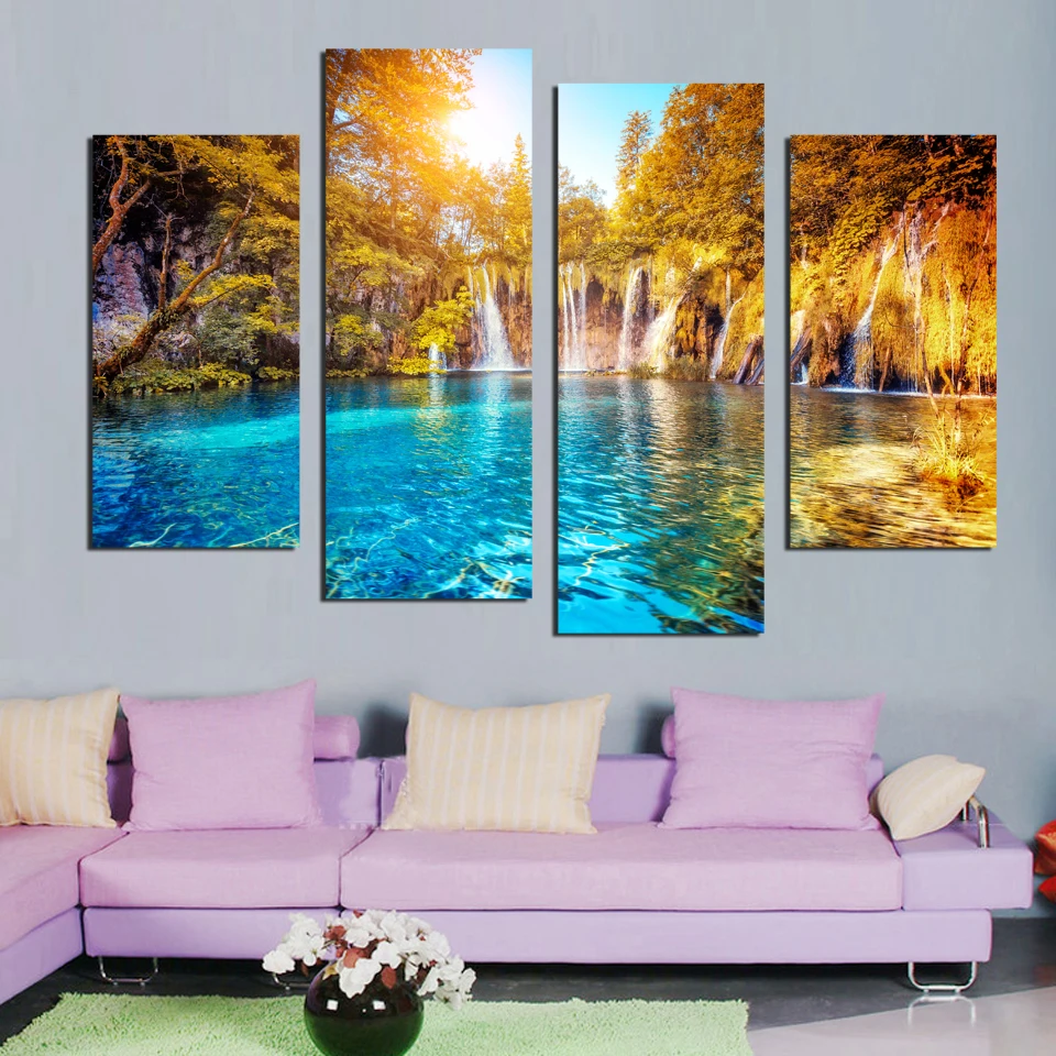 Lake Wall Art 4 panel sun setting wall art waterfall painting canvas landscape Lake Wall Art 4 panel sun setting wall art waterfall painting canvas landscape