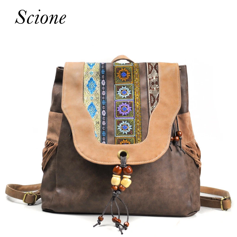 Brand New Design Women s Hasp PU Flap Backpack Chinese National Style Ethnic Embroidery Vintage Beading