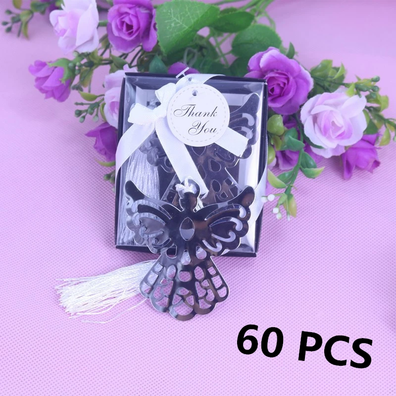

60PCS/SET Party Favor Angel Silver Metal Bookmark Boxed For Baptism Baby Bridal Shower Christening Wedding Favours Bomboniere