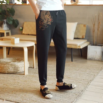 

Chinese style dragon embroidery Designer spring leisure long pants men drawstring loose Trousers Mens Joggers casual Sweatpants