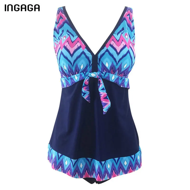 

INGAGA 2019 Vintage Swim Dress Swimwear Women Two-piece Swimsuits Deep V Tankini Set Plus Size Bathing Suits Summer Beachwear