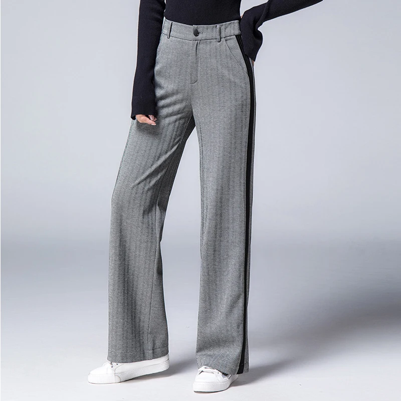 Высокая Талия элегантные брюки для женщин; Большие размеры 2018 осень-зима сбоку в полоску длинные широкие брюки Для женщин брюки pantalon femme AB106