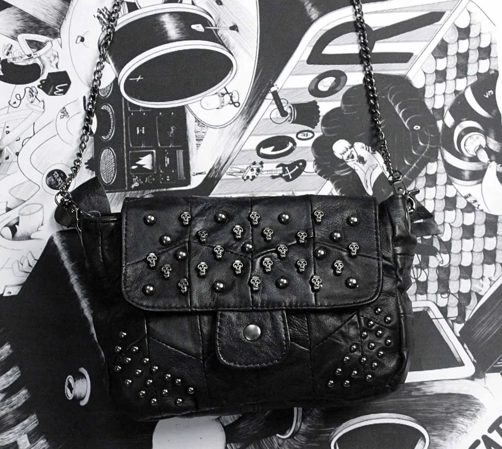Men Studded Punk Motorcycle Genuine Leather shoulder Messenger bag wallet purse