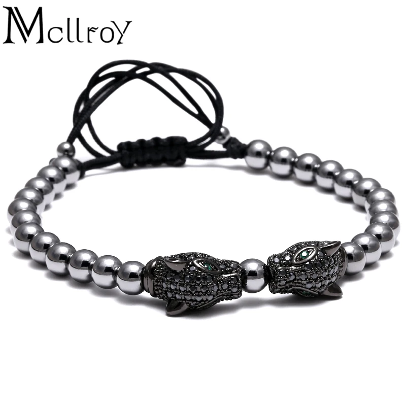 Baratos Mcllroy marca hombres pulseras cuentas redondas y cuentas de leopardo trenzado macramé Europeo Americano tejido pulseras para hombres