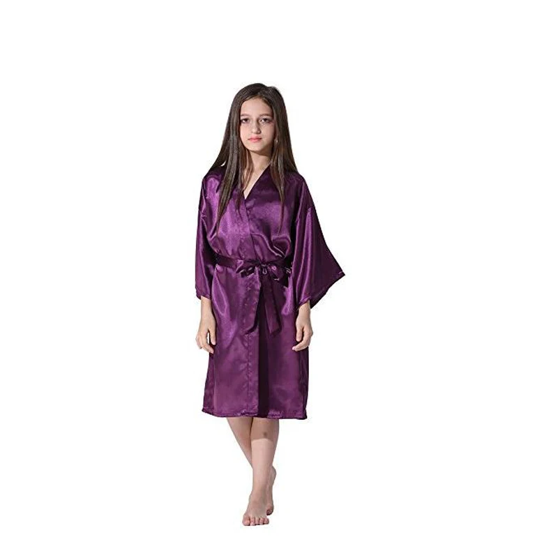 Kids Satin Rayon Kimono Robe Solid Bathrobe Nightgown For Spa Party Wedding Birthday Baby