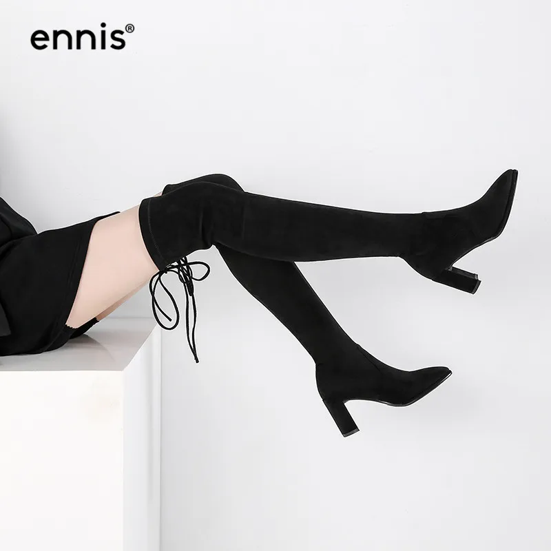 

ENNIS 2019 Slim Fit Stretch Over The Knee Boots Women High Heel Boots Pointed Toe Black Autumn Winter Boots Lace Up Shoes L864