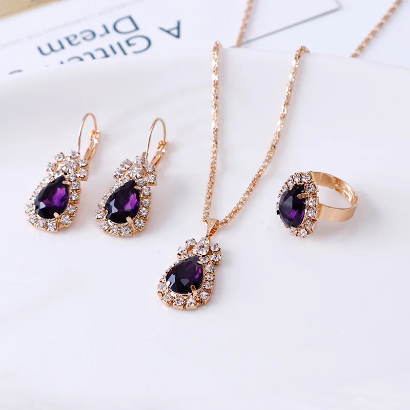 Модные вечерние серьги в форме капли воды золотистого цвета, ожерелье, регулируемые кольца, свадебные ювелирные наборы для женщин - Окраска металла: Purple