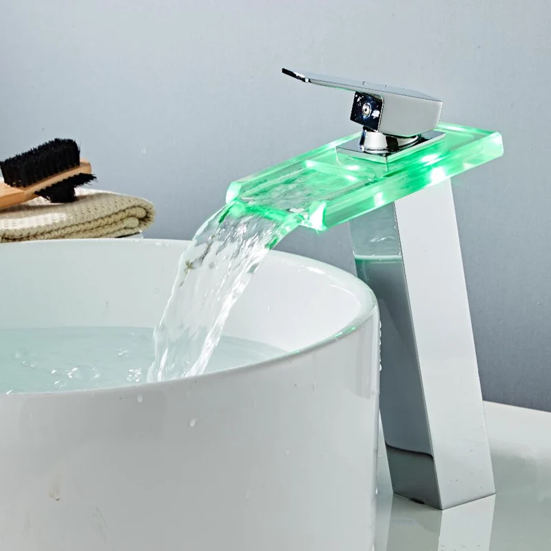 Светодиодный стеклянный кран для раковины с изменением цвета, кран для ванной и ванны, смеситель для раковины с одной ручкой, высокий водопроводный кран с хромированной отделкой