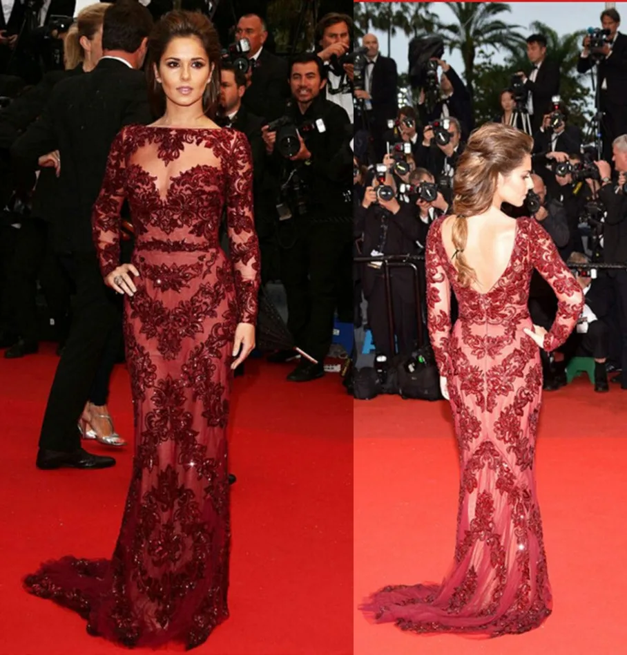 Elegant Burgundy Long Sleeve Celebrity Evening Dress Applique Lace Beading Sequins 2016 Mermaid Red Carpet Dress Evening Gown