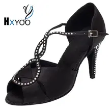 HXYOO Customized Rhinestone High/Low Heel Salsa Dancing Shoes Woman Ballroom Shoes For Girls Latin Dance Sandals Satin WK020