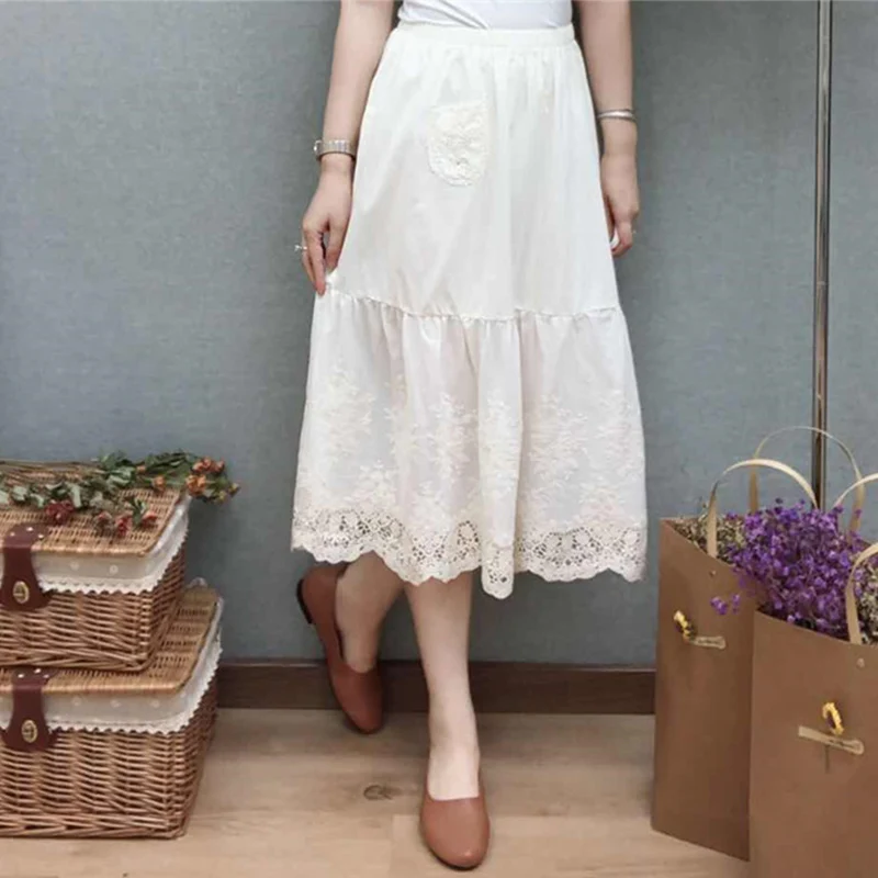 Mori Girl Multi Layer Lace Cotton Skirt Women Fairy Embroidery Elastic Waist Hollow Princess Underskirt Kawaii Z025 | Женская одежда