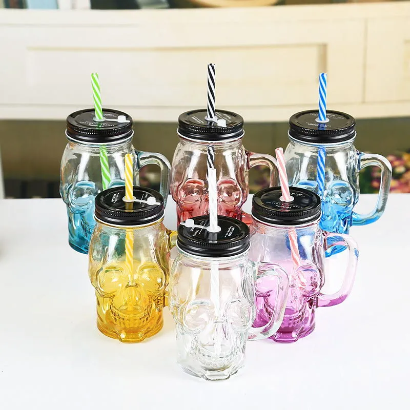 

skull straw mug with lid handle Mason bottle juice drink straw cup gradient creative mug cold drink cup glass jars L31C