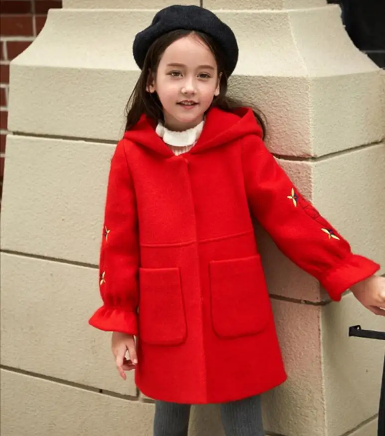 Шерстяное пальто для девочек на осень и зиму, длинная куртка с рукавами-лепестками розового и красного цветов для детей 4, 6, 8, 10, 11, 12 лет - Цвет: Красный
