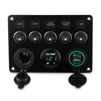 

5 Gang ON-OFF Toggle Switch Panel for Car Boat Marine Truck Dual USB Socket Charger LED Voltmeter 12V Cigarette Lighter Splitter