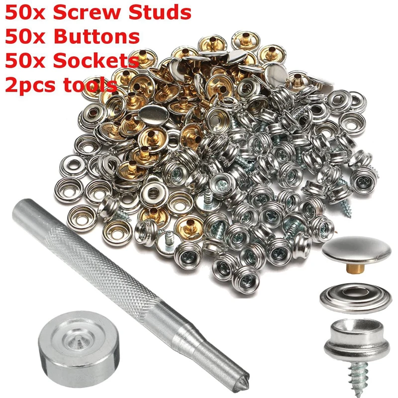 50 Set 15mm Stainless Steel Push Button Sockets Screw Stud With Tool Snap Fastener Kit For Boat Cover Handbags Clothing Leather