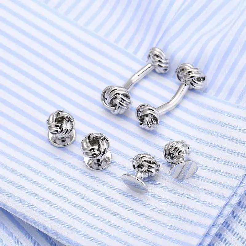 

Drop Ship New Arrival Silver Knot Cufflinks Collar Stud Set Top Quality 6pcs set tuxedo Gemelos Cufflings links 190