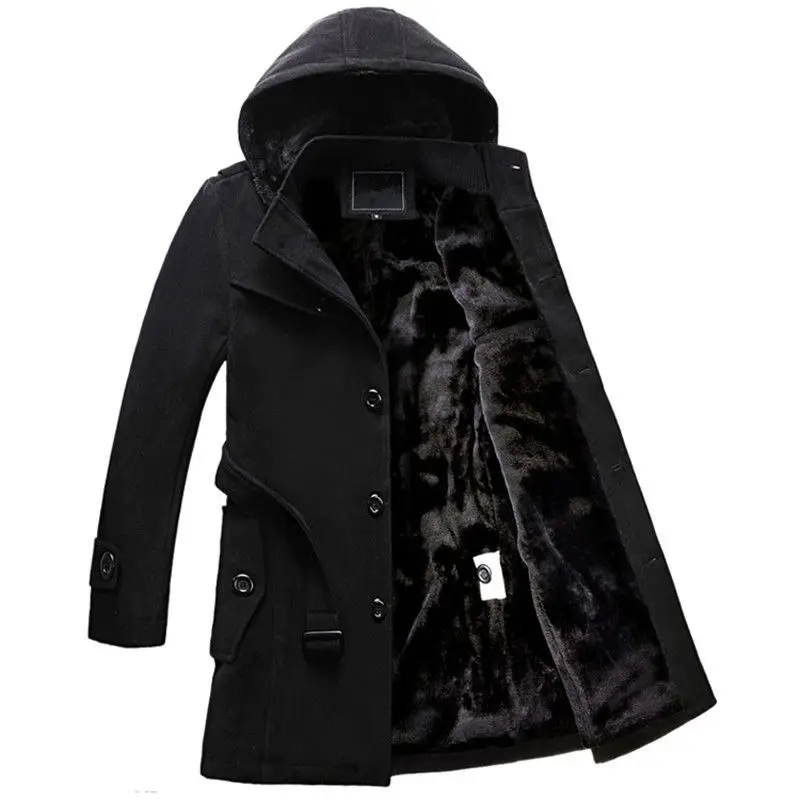 Зимнее мужское шерстяное пальто с капюшоном, однобортное, утолщенное, бархатное, теплое, длинное пальто, мужское, длинное, шерстяное, Тренч, куртка 102105