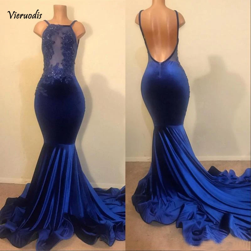 

2019 Royal Blue Spaghetti Straps Long Prom Dresses Mermaid Lace Applique Bead Backless Plus Size Evening Gowns Party Dresses
