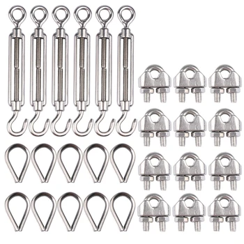 

12 piece 1/8 inch wire rope clamp (M3), 10 piece set of thimble (M3), stainless steel set, 6 piece set Hook and eye fastener(M6)