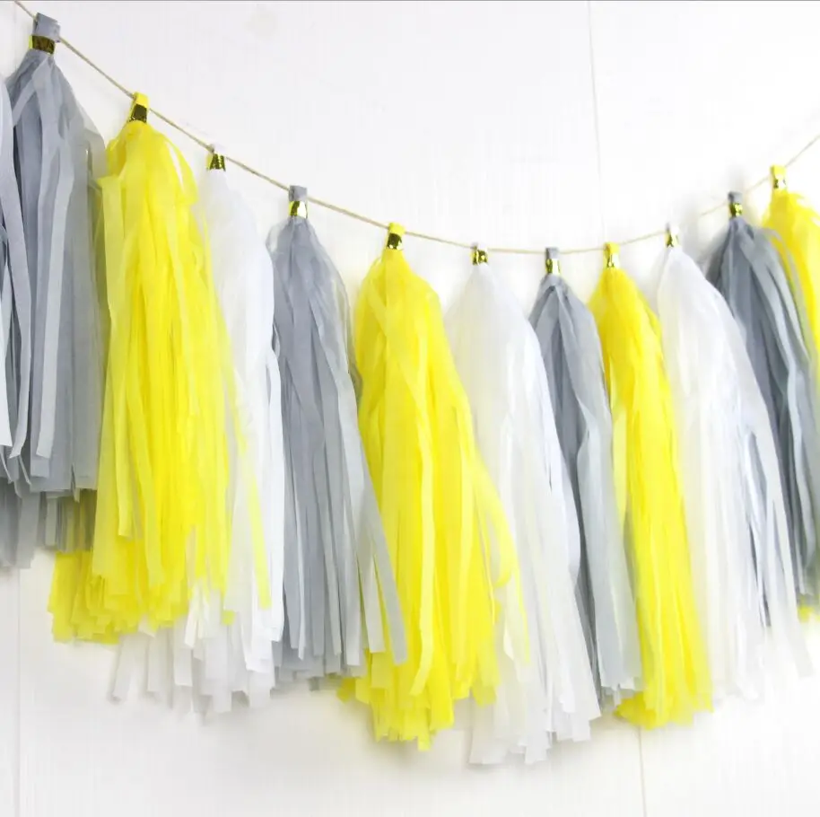 16pcs Yellow Gray and White Tissue Tassel Garland - Buttercup Decoration Baby Boy Gender Neutral | Дом и сад