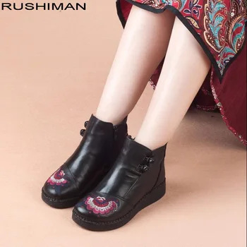 

RUSHIMAN Winter Boots Women Genuine Leather Ankle Boots Plush Inside Handmade embroidery soft Flat shoes Casual Boots
