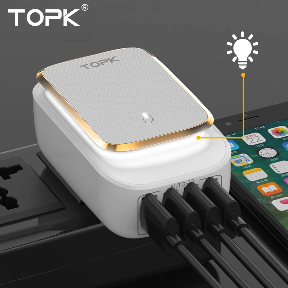 TOPK L-Power 4-Port 4.4A(Max) 22W EU USB Charger Adapter LED Lamp Auto-ID Portable Phone Travel Wall Charger for iPhone Samsung