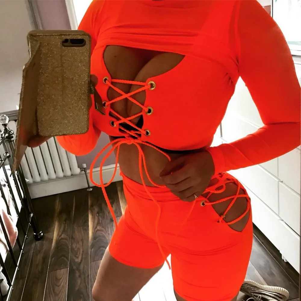 

New Sexy Bandage Elastic Bandage Lace Up Shorts Women Autumn Bodycon Fitness Shorts Workout Outfit Hollow Out Women Club Suits