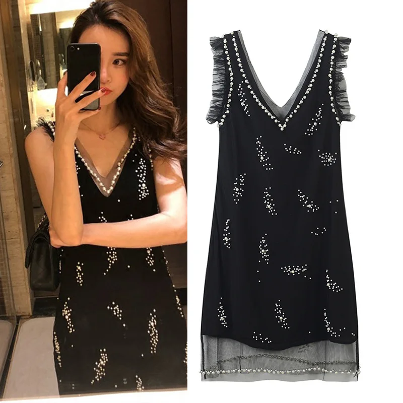 

Handmade beading elegant black summer dress Sexy mesh V-neck sleeveless dresses woman party night 2019 new arrival vestidos