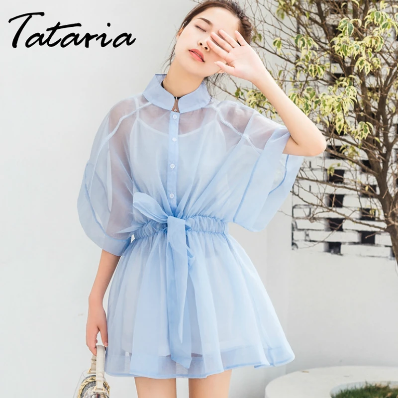 Tataria, женское повседневное свободное платье-футболка с коротким рукавом, женское кружевное Сетчатое платье, женские мини платья трапециевидной формы с поясом и круглым вырезом