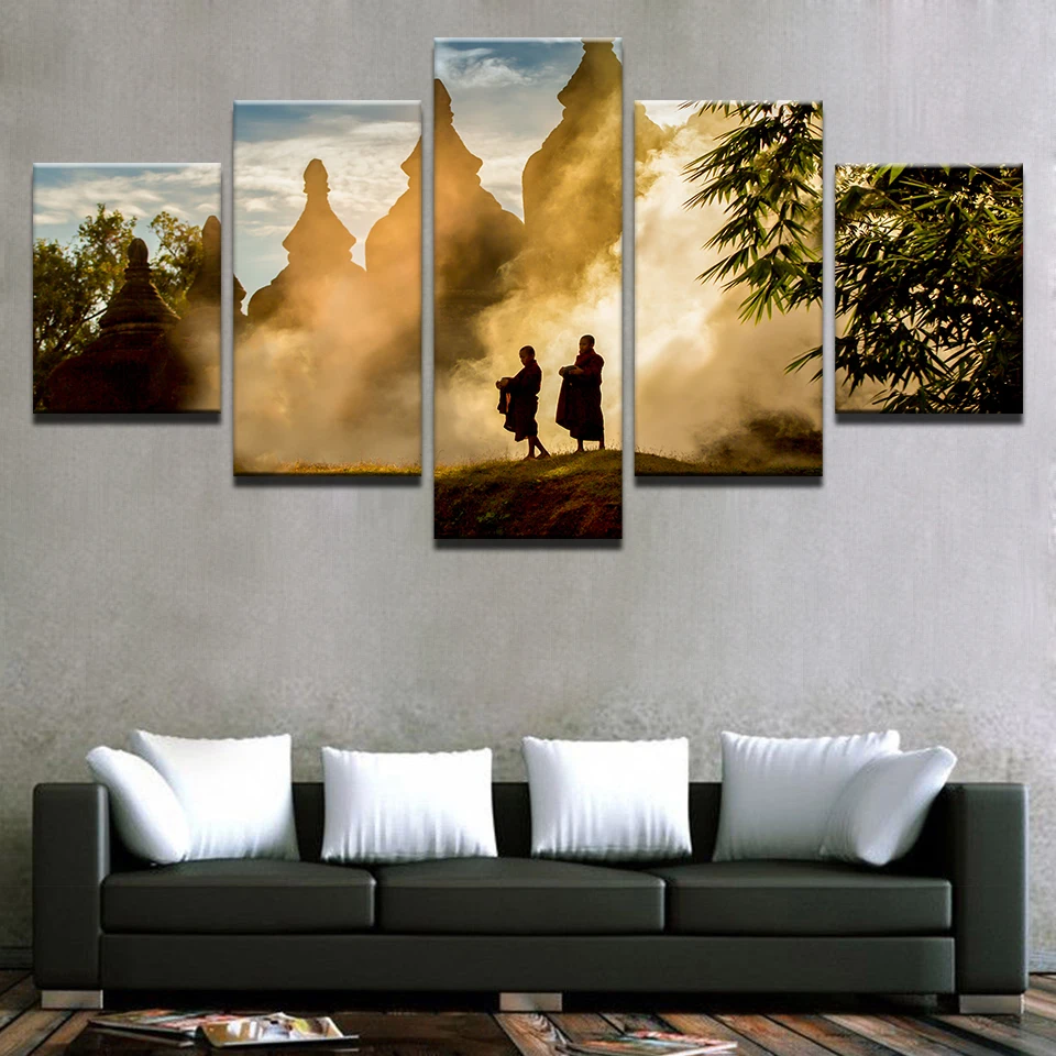 

Canvas HD Prints Poster Wall Art Framework 5 Pieces Monks Mountain With Temples Paintings Contemplative Life Pictures Home Decor