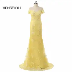 Желтый кружево с открытыми плечами 2019 Вечерние платья Формальные vestido de festa Longo Русалка вечернее платье Robe De Soiree z120303