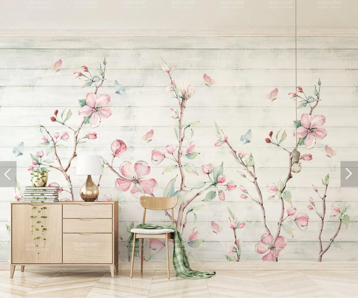 Красочные Сакура Восточный цветок вишни Фреска фото обои Настенный декор Ручная роспись цветочные бабочки обои рулон
