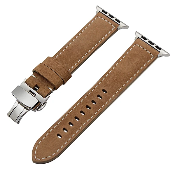 Итальянский ремешок из натуральной кожи для iWatch Apple Watch 38 мм 40 мм 42 мм 44 мм серия 5 4 3 2 1 ремешок стальной ремешок с бабочкой и пряжкой - Цвет ремешка: Light Brown Silver