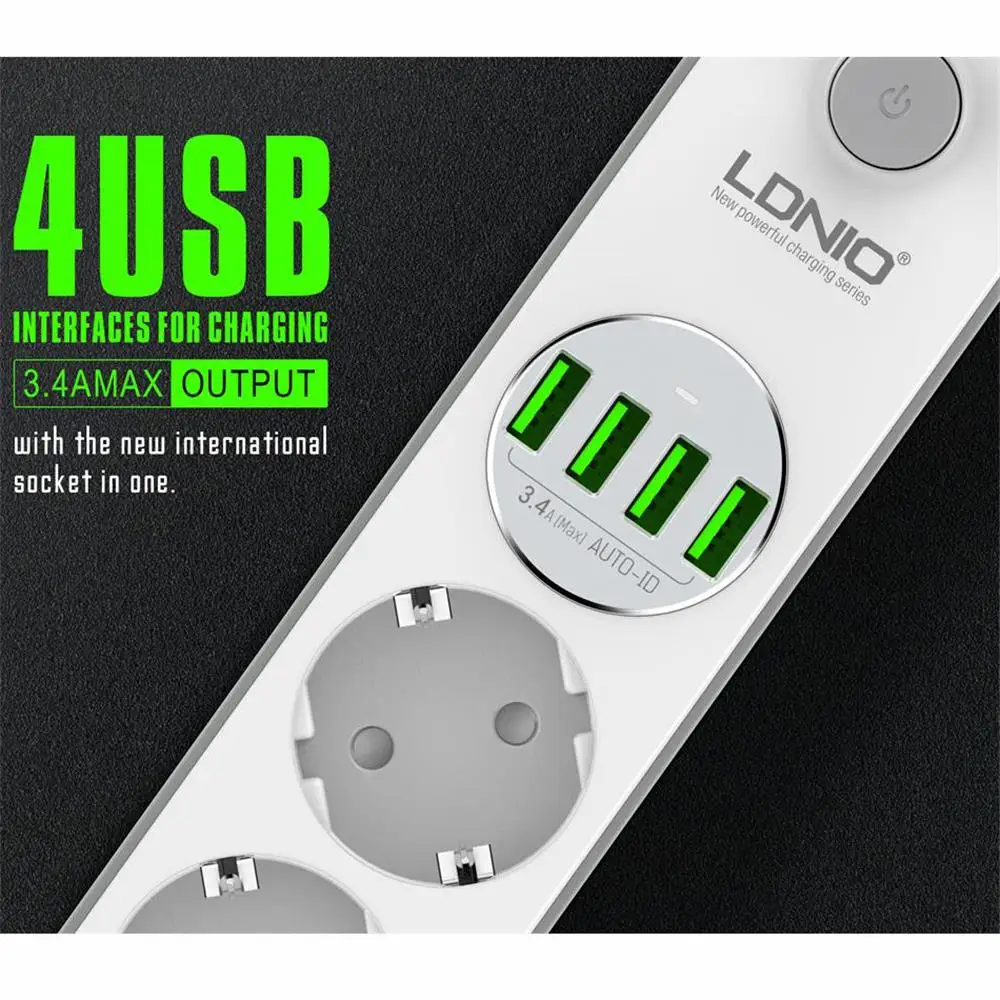 LDNIO SE4432 EU Plug Power Strip 4 AC Ports 2500W Sockets With 4 Port USB Charger Adapter Power Strip Smart Home Office Fast|plug ac power|eu plug usb powerfast usb charger eu -