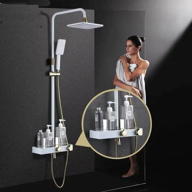 Preise Schwarz Thermostat Regen Dusche Wasserhahn Set Wand Regen Dusche Armaturen Lagerung Bad Mischbatterie Heiß Kalt mit Hand Dusche EL3902