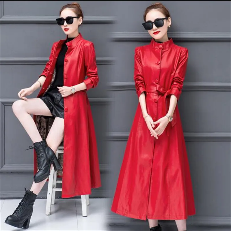 Женская Весенняя куртка, однобортное осеннее пальто из искусственной кожи, тонкое женское зимнее длинное пальто с поясом, большой размер 349 - Цвет: red