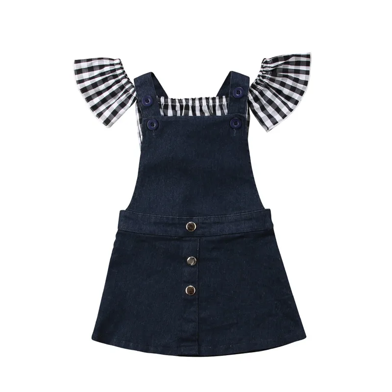 

2018 Kids Baby Girl Plaid Fly Sleeve T-Shirt Tops + Denim Dress 2PCS Outfits Casual Summer Children Girls Skirts Sets 0-5T