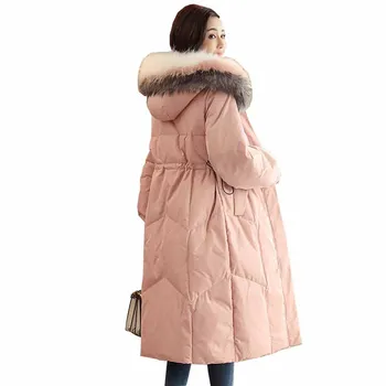 

2019 High quality Winter Parkas Women Long Down cotton jacket Colored fur collar Hooded Coats Female Cotton-padded Jackets G475