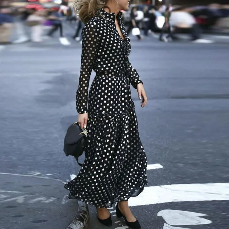 Fashion Women Sexy polka Dot Split dresses ladies Deep V-neck Long Sleeve maxi Dress vestido Black and white